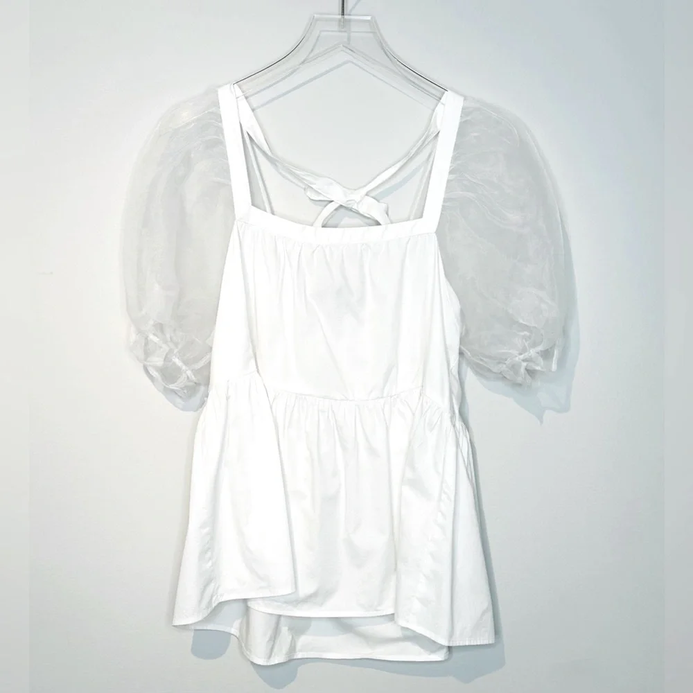 Tuckernuck Pomander Place Tinsley Organza Puff Sleeve White Top Shirt Blouse L - Picture 12 of 12